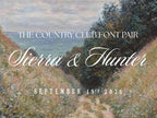 The image is a painting depicting a scenic landscape with a path leading through a wooded area, with a body of water in the background. The text overlay announces "The Country Club Font Pair Sierra & Hunter" and provides the date "SEPTEMBER 19TH 2026".