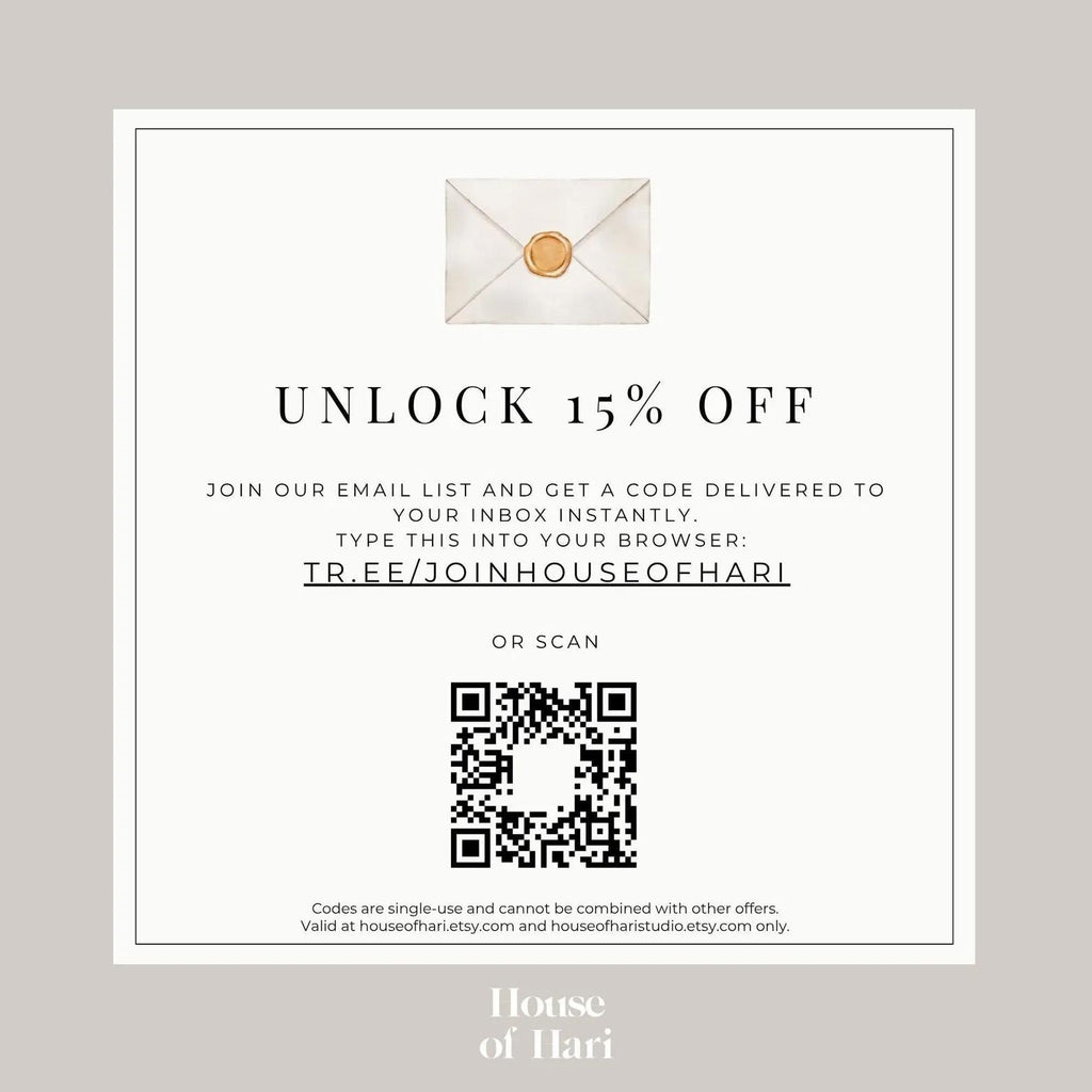 The image is a promotional flyer for an email list, offering a 15% discount on joining the email list. It includes a QR code and instructions for entering the code into the email list.