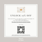 The image is a promotional flyer for an email list, offering a 15% discount on joining the email list. It includes a QR code and instructions for entering the code into the email list.