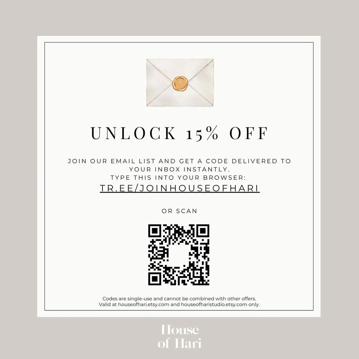 The image is a promotional flyer for an email list, offering a 15% discount on joining the email list. It includes a QR code and instructions for entering the code into the email list.