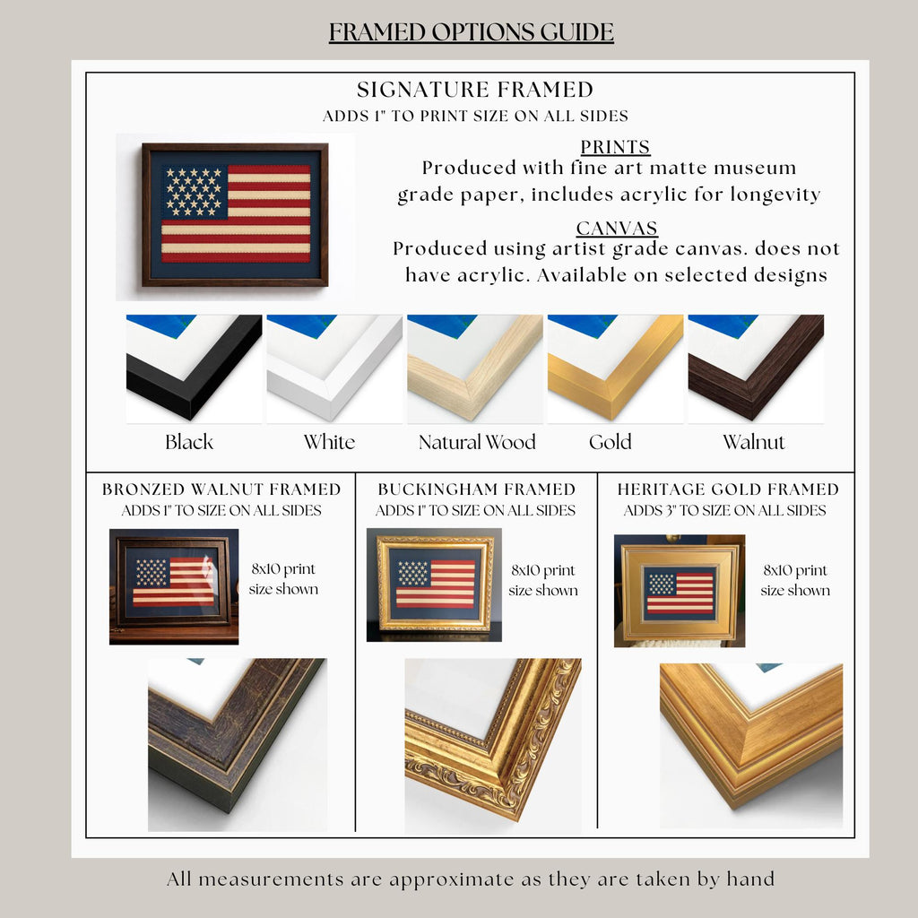 The image is a framed options guide that provides information about different framed options for prints, including the materials used and the sizes available.