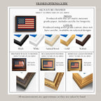 The image is a framed options guide that provides information about different framed options for prints, including the materials used and the sizes available.