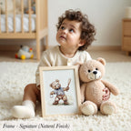 A young child sits on the floor, holding a framed picture of a teddy bear and looking up with a curious expression.