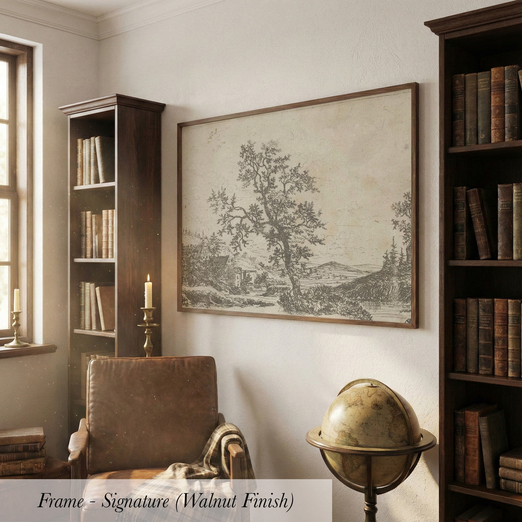 a cozy and well-lit living room with a large framed artwork of a tree on the wall, a leather armchair, a globe, and a bookshelf filled with books.