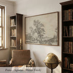 a cozy and well-lit living room with a large framed artwork of a tree on the wall, a leather armchair, a globe, and a bookshelf filled with books.