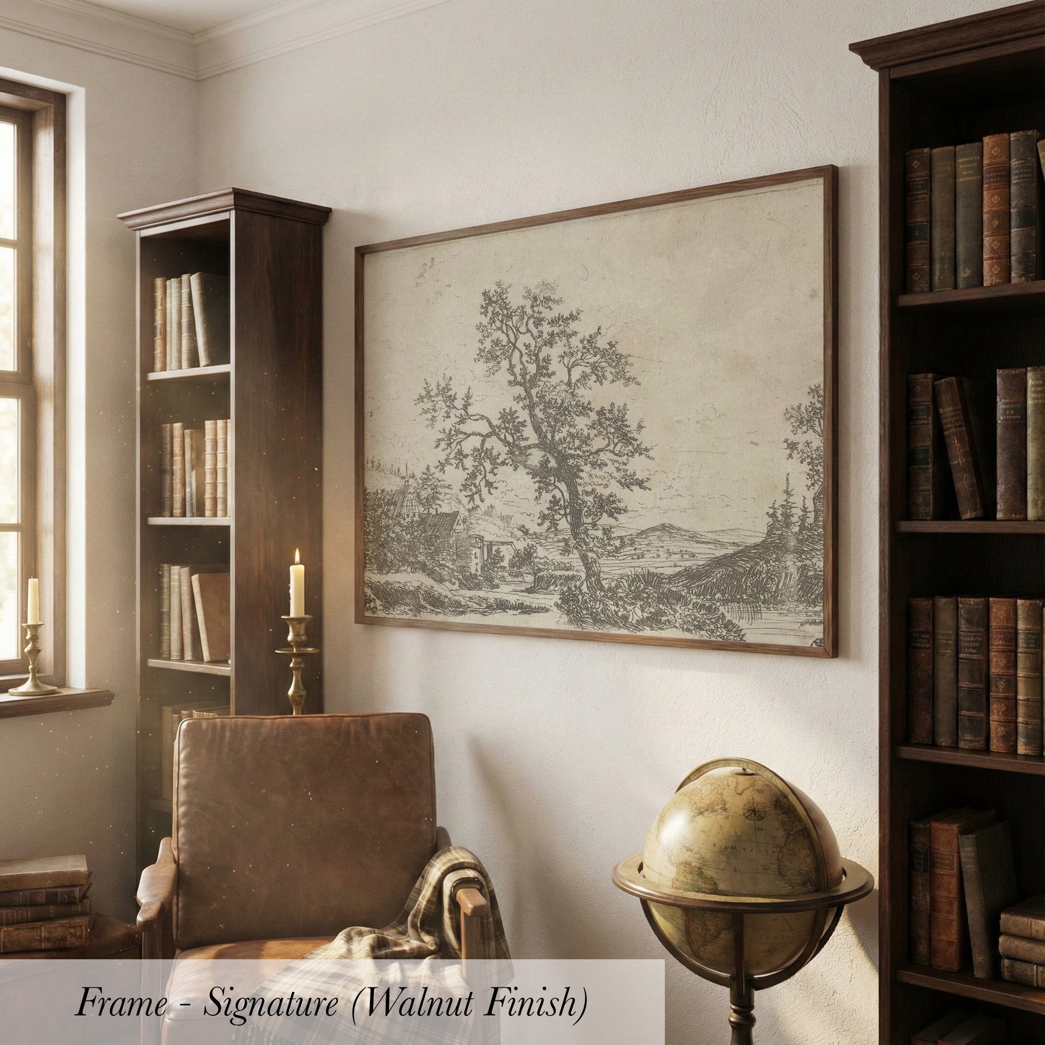 a cozy and well-lit living room with a large framed artwork of a tree on the wall, a leather armchair, a globe, and a bookshelf filled with books.