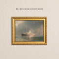 The image is a painting of a large ship sailing on the water, displayed in a gold frame.