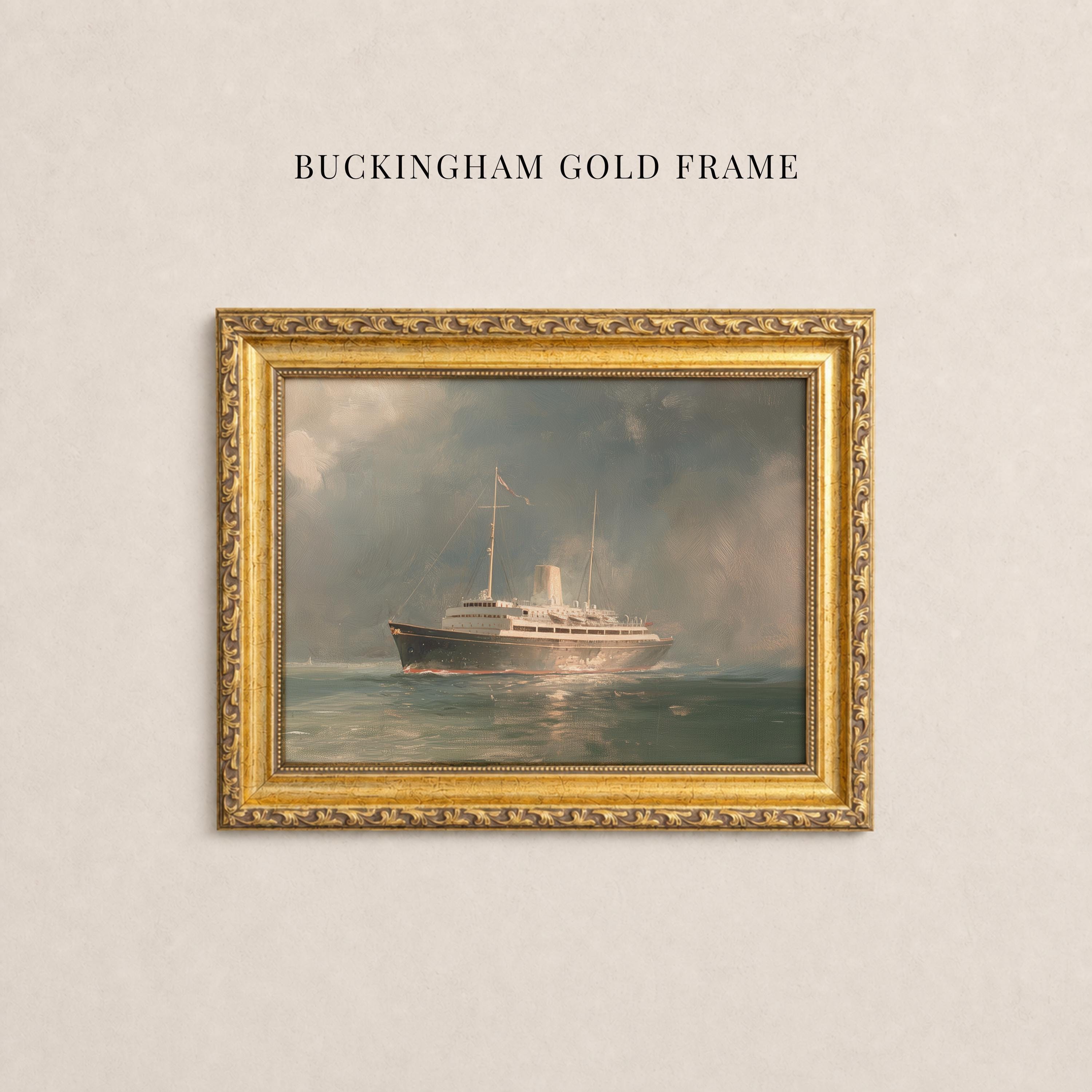The image is a painting of a large ship sailing on the water, displayed in a gold frame.