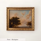 The image is a framed painting depicting a landscape scene with trees and a cloudy sky.