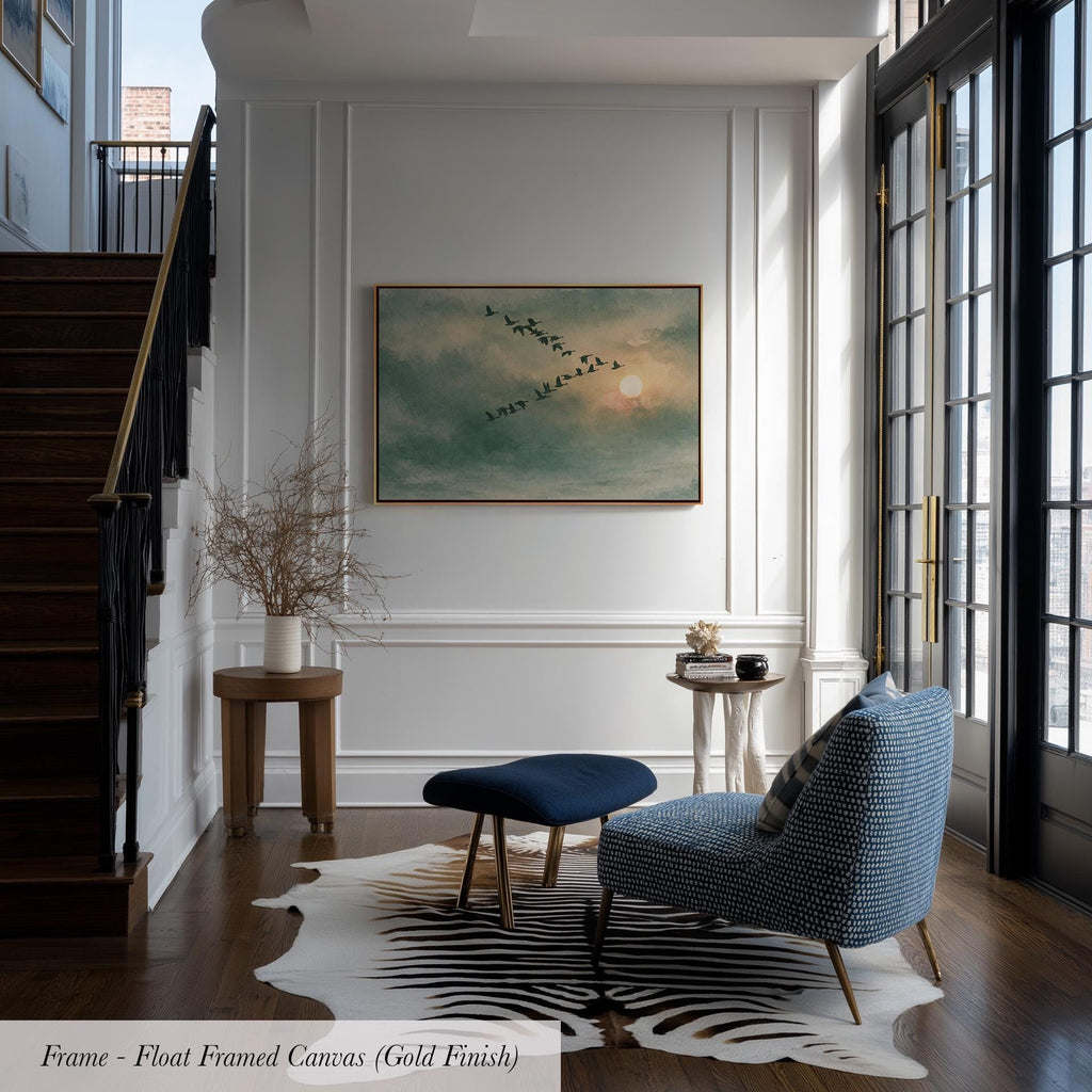Framed Sage Green Japandi Flying Birds Canvas Wall Art Print | 2224