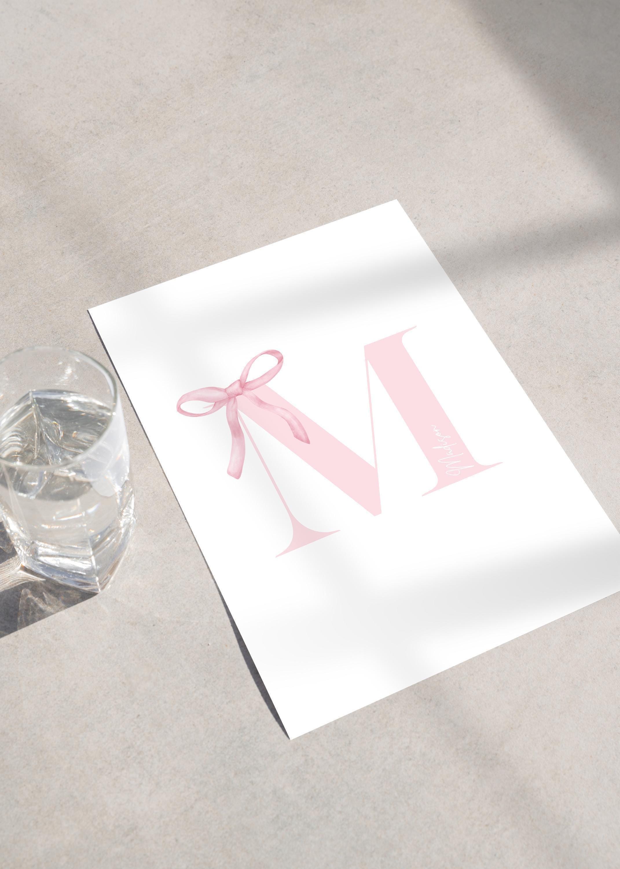 Pink bow coquette wall decoration print Custom Initial Bow Print, bow baby girl name, girls name sign, preppy, vintage, Printable, Framed
