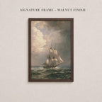 The image is a framed painting depicting a sailing ship on the ocean, with a cloudy sky in the background.