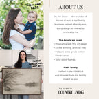 The image is a collage of three photos featuring a woman holding a young child, a woman holding a large canvas, and a woman holding a framed print.