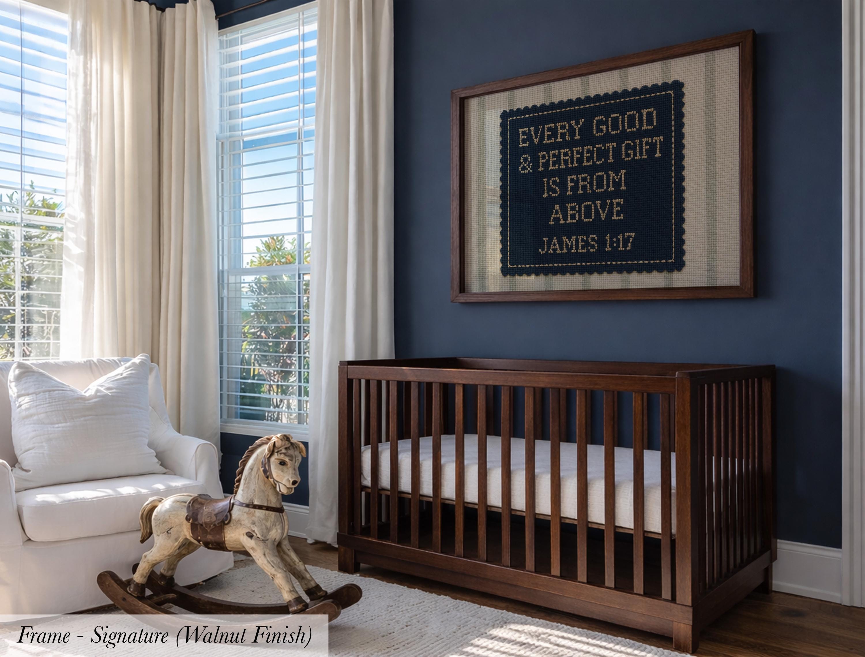 a nursery room with a wooden crib, a rocking horse, and a framed sign on the wall.