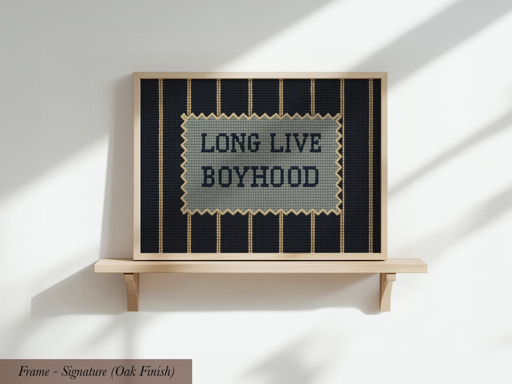 a framed poster with the text "LONG LIVE BOYHOOD" displayed on it.