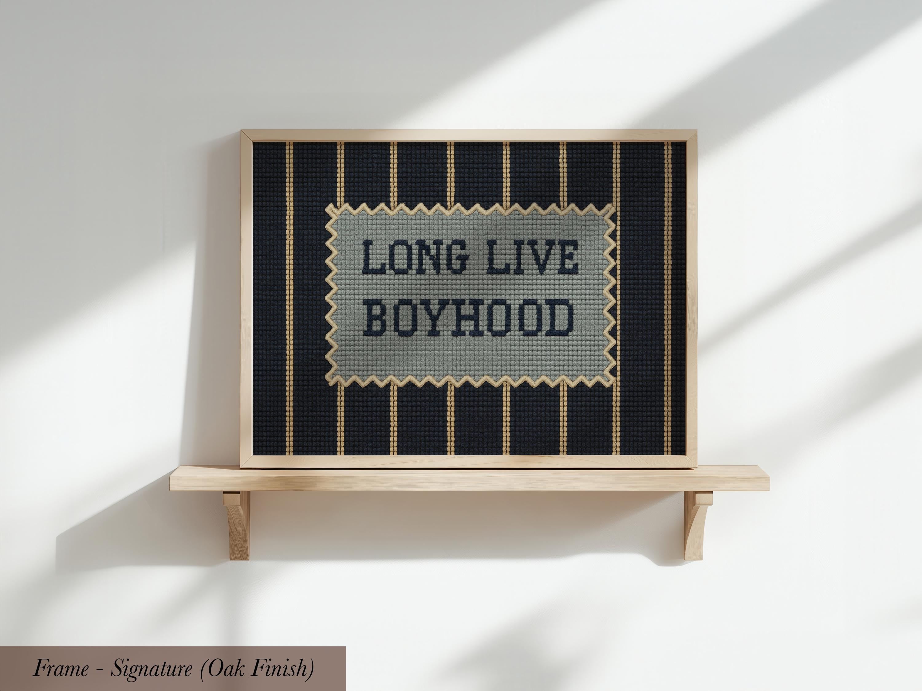 a framed poster with the text "LONG LIVE BOYHOOD" displayed on it.