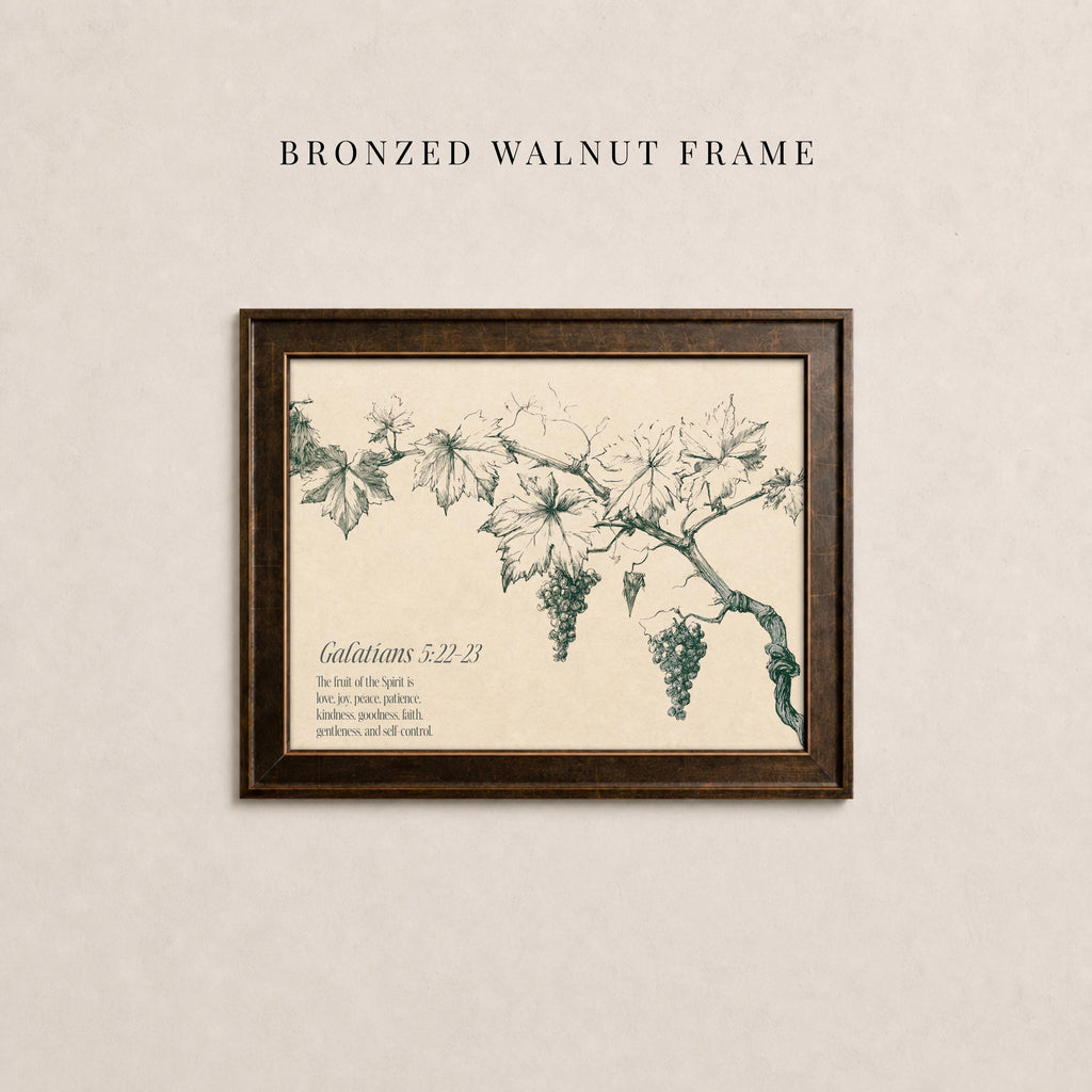 The image is a framed print of a botanical illustration depicting a branch with leaves and grapes.