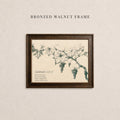 The image is a framed print of a botanical illustration depicting a branch with leaves and grapes.