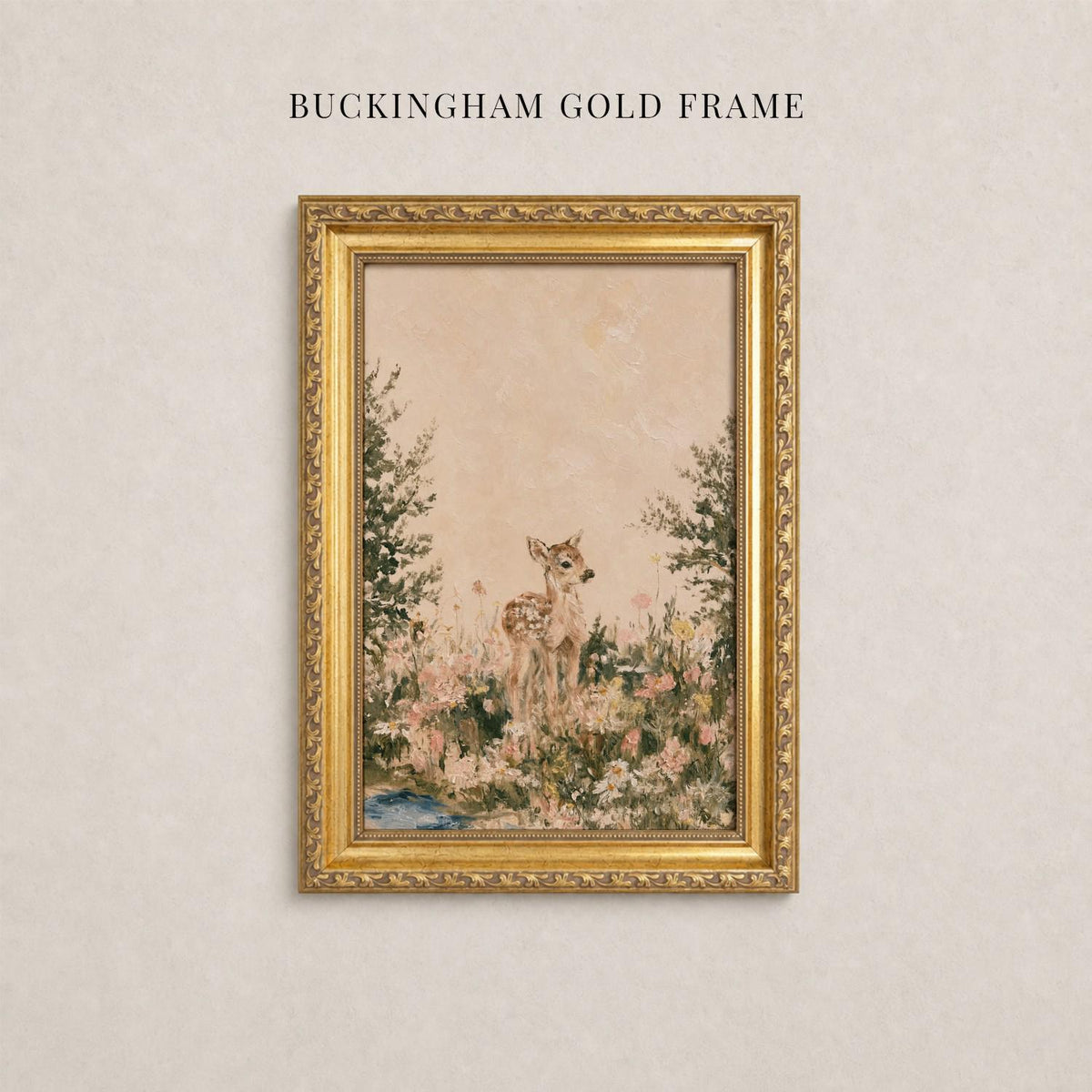 The image is a framed painting of a deer standing in a field with trees and flowers.