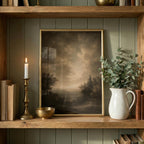 a wooden bookshelf with a framed landscape painting, a lit candle, a white vase with greenery, and a bowl on the shelf.