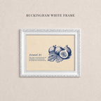 A white frame with a framed illustration of a fruit, specifically a fig, and a text overlay.