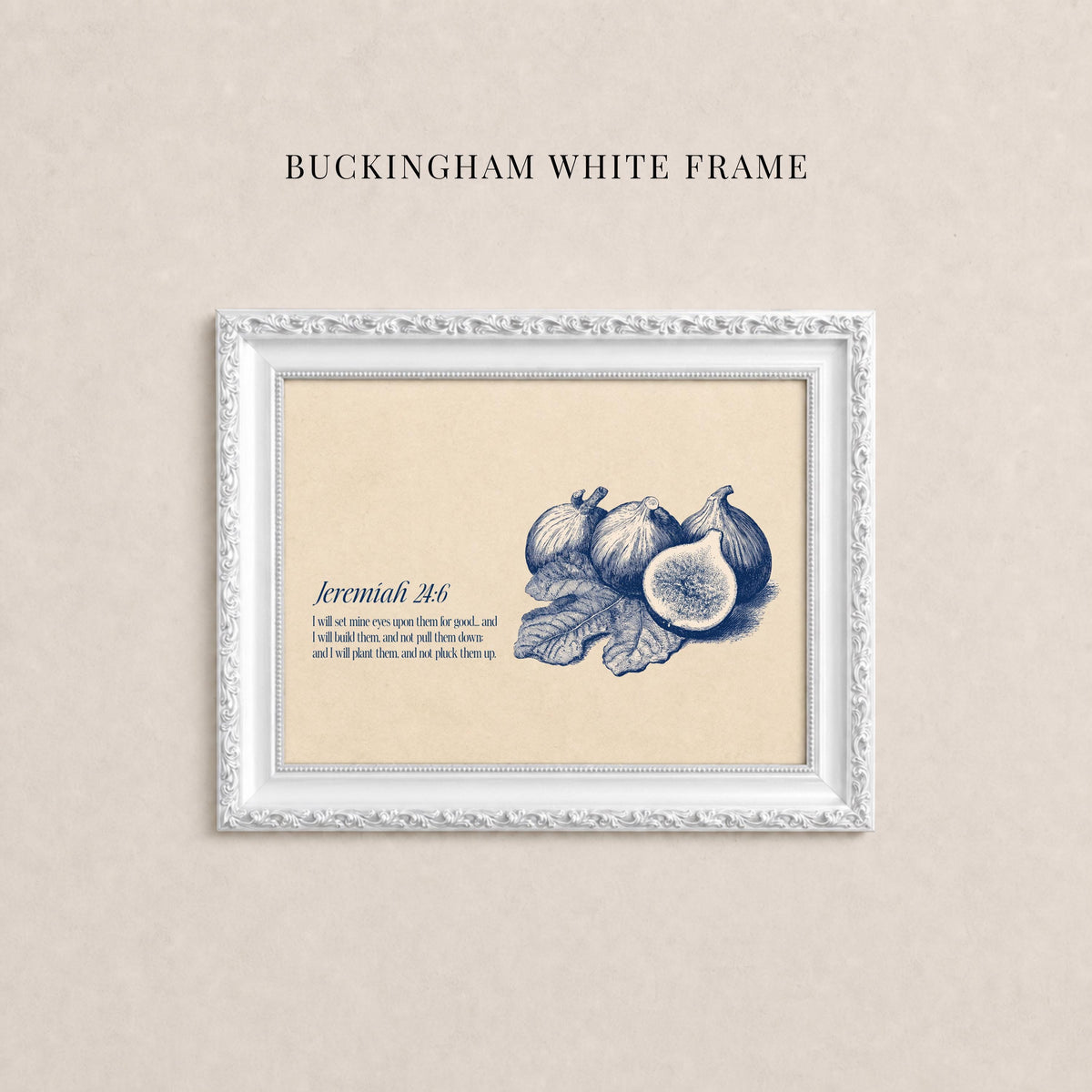 A white frame with a framed illustration of a fruit, specifically a fig, and a text overlay.