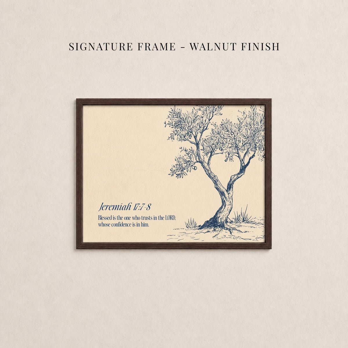 The image is a framed artwork depicting a tree with a text overlay that reads "kremunei 17:7-8" and below it "Blessed is the one who trusts in the Lord whose confidence is in him".
