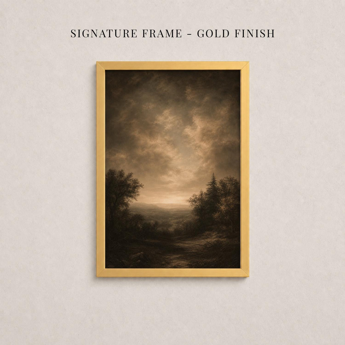 The image is a framed landscape painting depicting a serene countryside scene with trees and a winding path.
