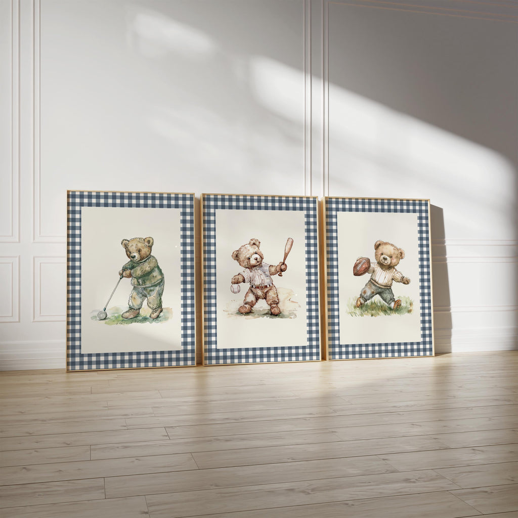 Teddy Bear Print Set of 3 in Navy Gingham | 1918