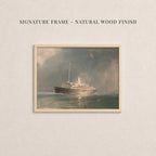 The image is a painting of a large ship sailing on the water, framed in a natural wood finish.