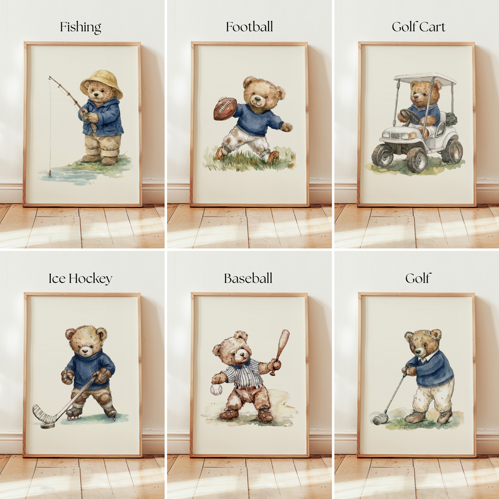 six framed illustrations of teddy bears engaging in various sports activities, including fishing, football, golf cart, ice hockey, baseball, and golf.