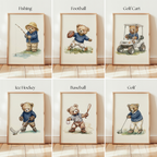 six framed illustrations of teddy bears engaging in various sports activities, including fishing, football, golf cart, ice hockey, baseball, and golf.