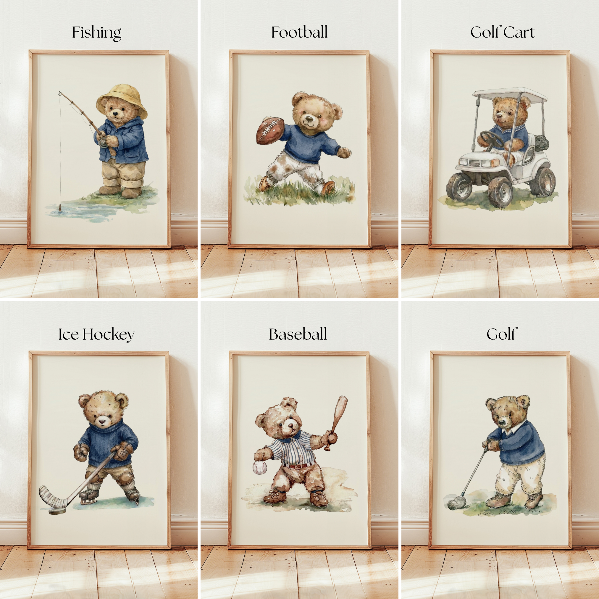 six framed illustrations of teddy bears engaging in various sports activities, including fishing, football, golf cart, ice hockey, baseball, and golf.