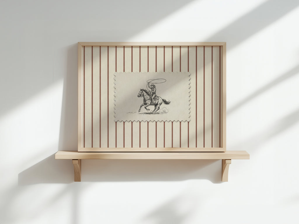 a wooden shelf with a framed picture of a cowboy on horseback.