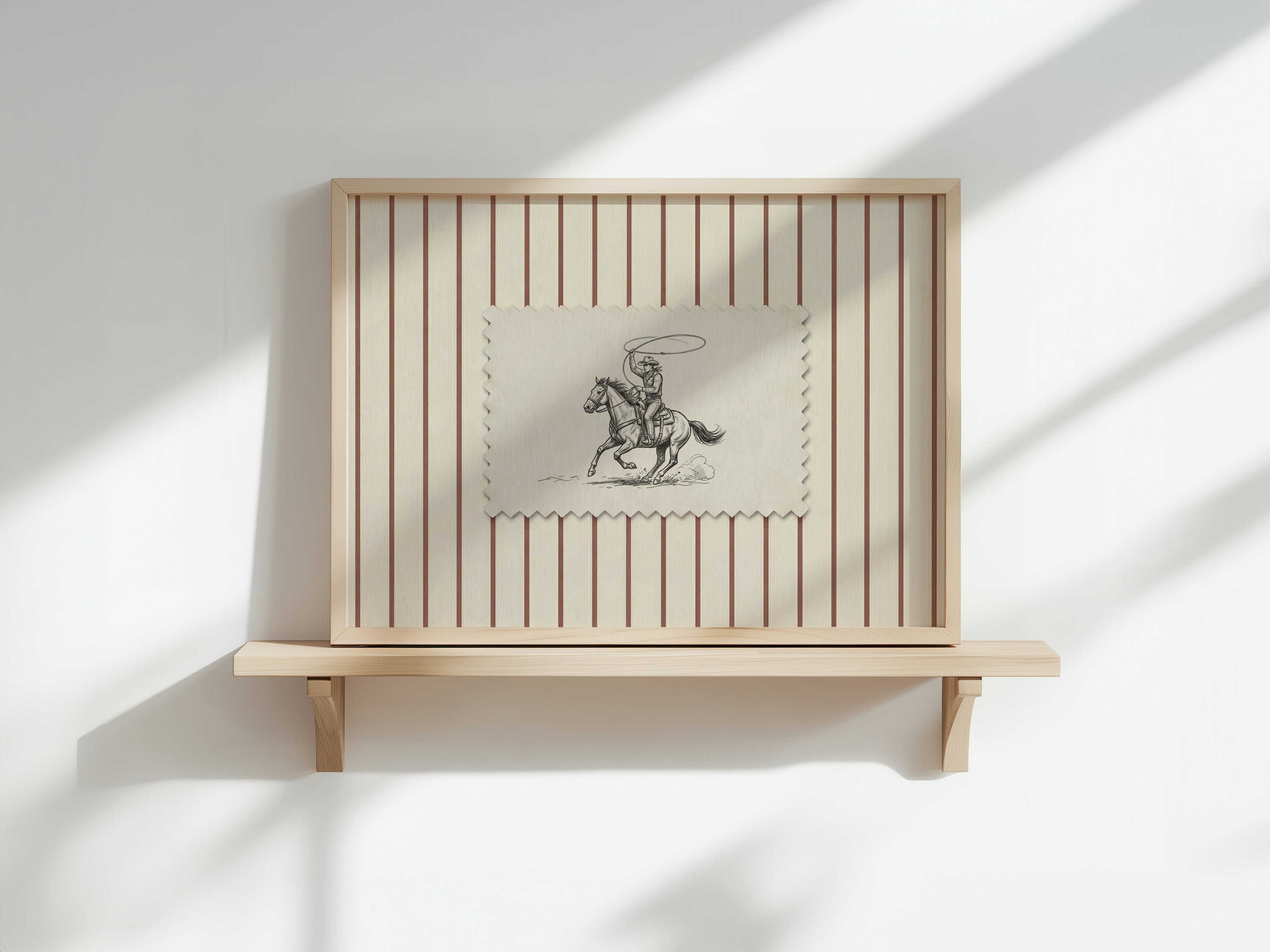 a wooden shelf with a framed picture of a cowboy on horseback.