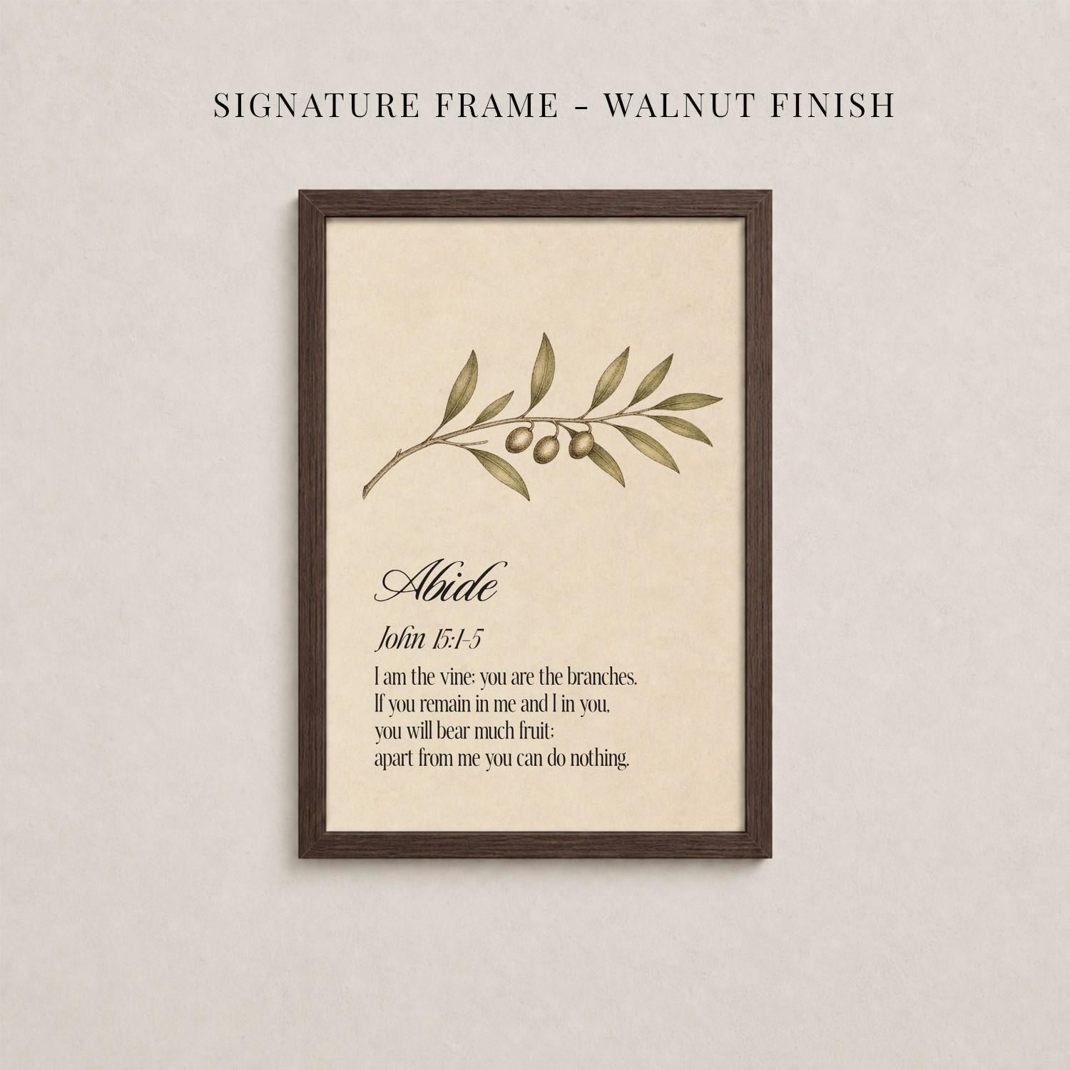 The image is a framed print with a branch and leaves on it, and it contains a biblical verse from the book of Alade.