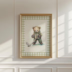 Vintage Teddy Bear Ice Hockey Gingham Wall Art, Watercolor Illustration of Bear in Hockey Gear,Retro Decor for Kids Room,Nursery,Sports Fans