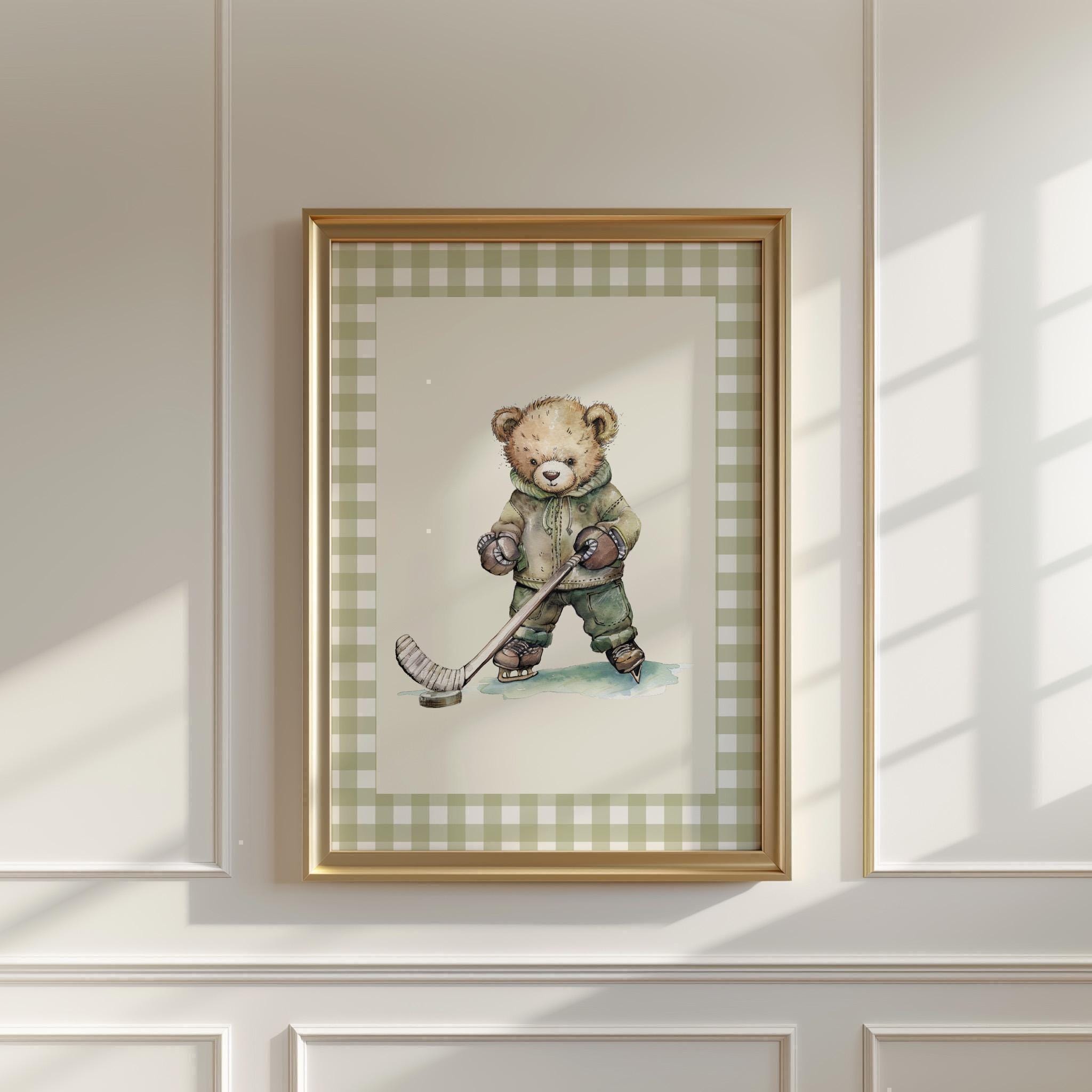 Vintage Teddy Bear Ice Hockey Gingham Wall Art, Watercolor Illustration of Bear in Hockey Gear,Retro Decor for Kids Room,Nursery,Sports Fans