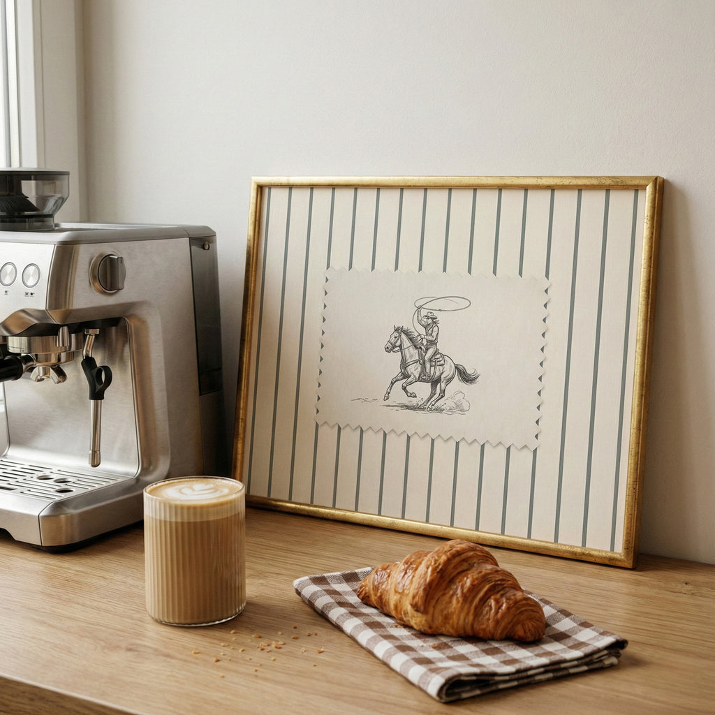 a wooden table with a framed picture of a cowboy on a horse, a croissant, and a cup of coffee.