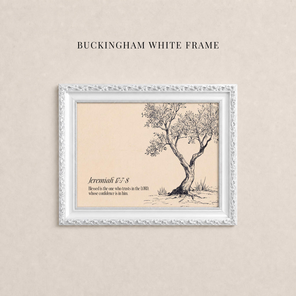 The image is a framed artwork depicting a tree with a text overlay that reads " Jeremiah 17:8" and "Buckingham White Frame".