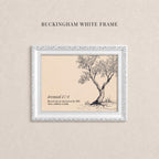 The image is a framed artwork depicting a tree with a text overlay that reads " Jeremiah 17:8" and "Buckingham White Frame".