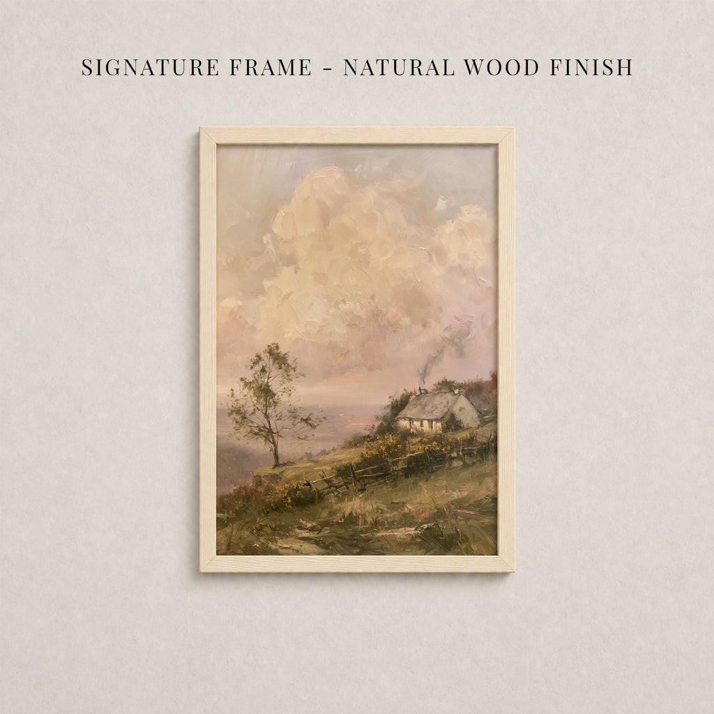 The image is a framed painting depicting a rural landscape with a house and trees in the background.