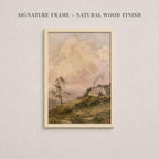The image is a framed painting depicting a rural landscape with a house and trees in the background.