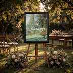 a large outdoor wedding sign with a painting of a garden, surrounded by flowers and a wooden table with chairs.