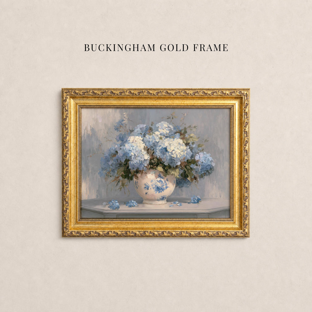 May include: A rectangular wall art piece titled BUCKINGHAM GOLD FRAME featuring a painting of a white ceramic vase filled with blue and white hydrangea flowers, enclosed in an ornate, textured gold-colored frame with intricate carved detailing.