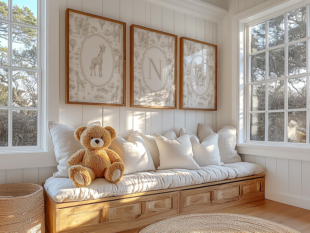 Beige Safari Nursery Art Prints: Chinoiserie Toile de Jouy Animals | 1443
