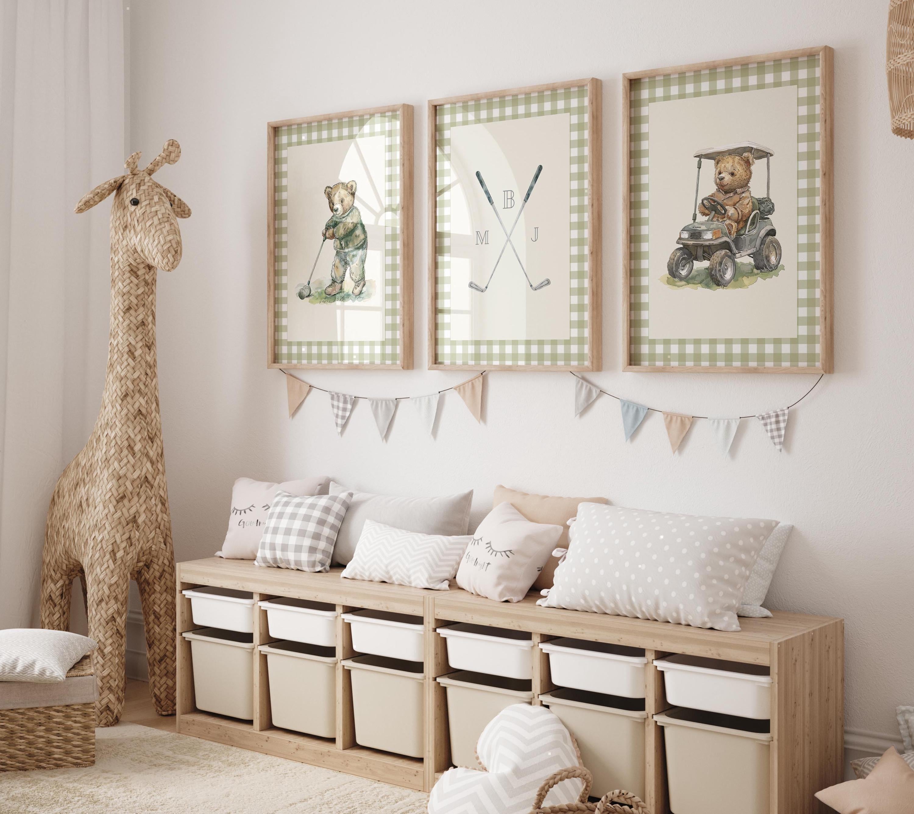 Boy golf nursery art, Vintage boy nursery, Teddy Bear Golf Print Nursery, Teddy Bear Art Kids Room, Gingham, Green, Digital,Printable,Framed