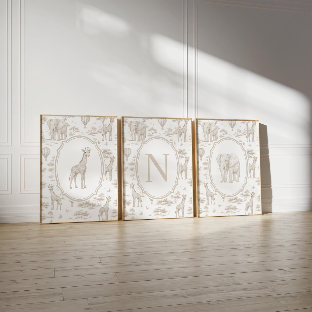 Beige Safari Nursery Art Prints: Chinoiserie Toile de Jouy Animals | 1443
