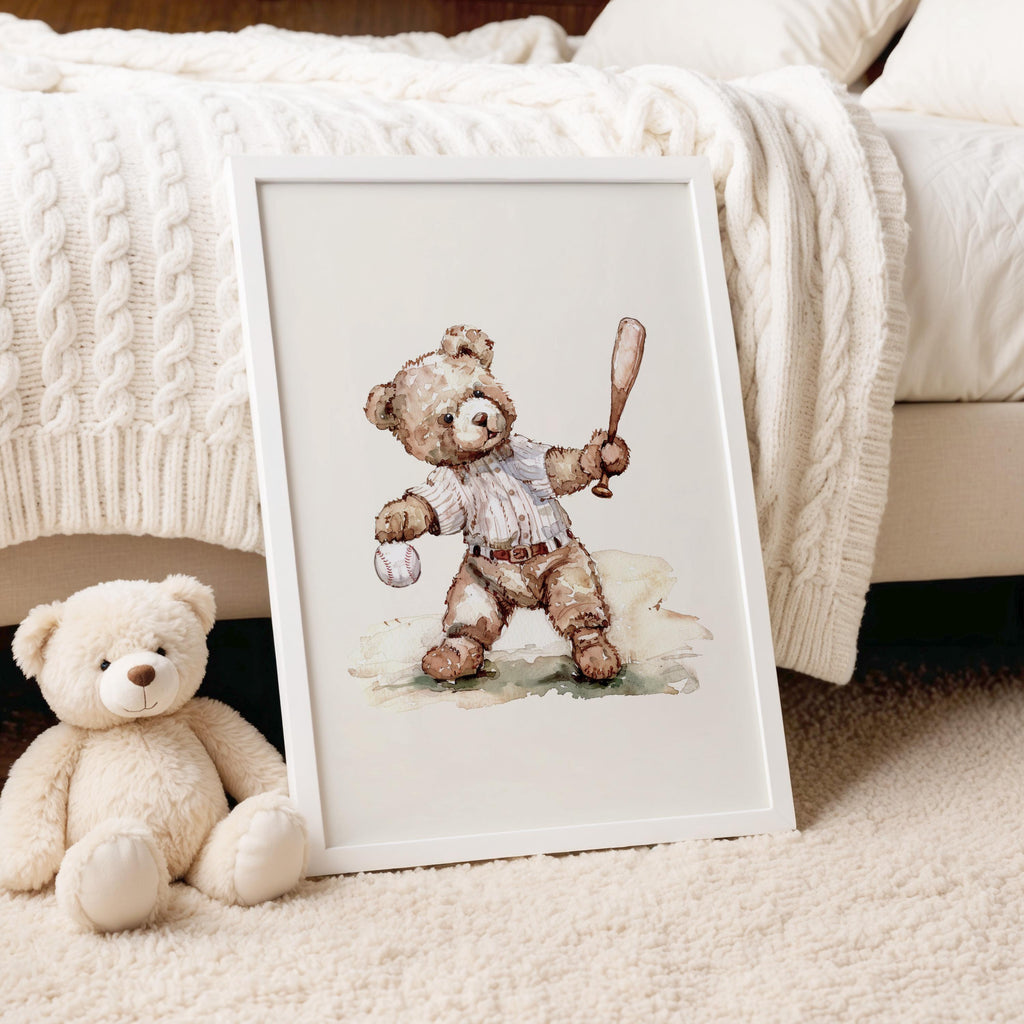 Vintage Baseball Teddy Bear Wall Art, Boy Baseball Nursery, Nursery Wallart, Sport Nursery, Vintage Boy Sport Nursery Teddy, Minimal,Gingham