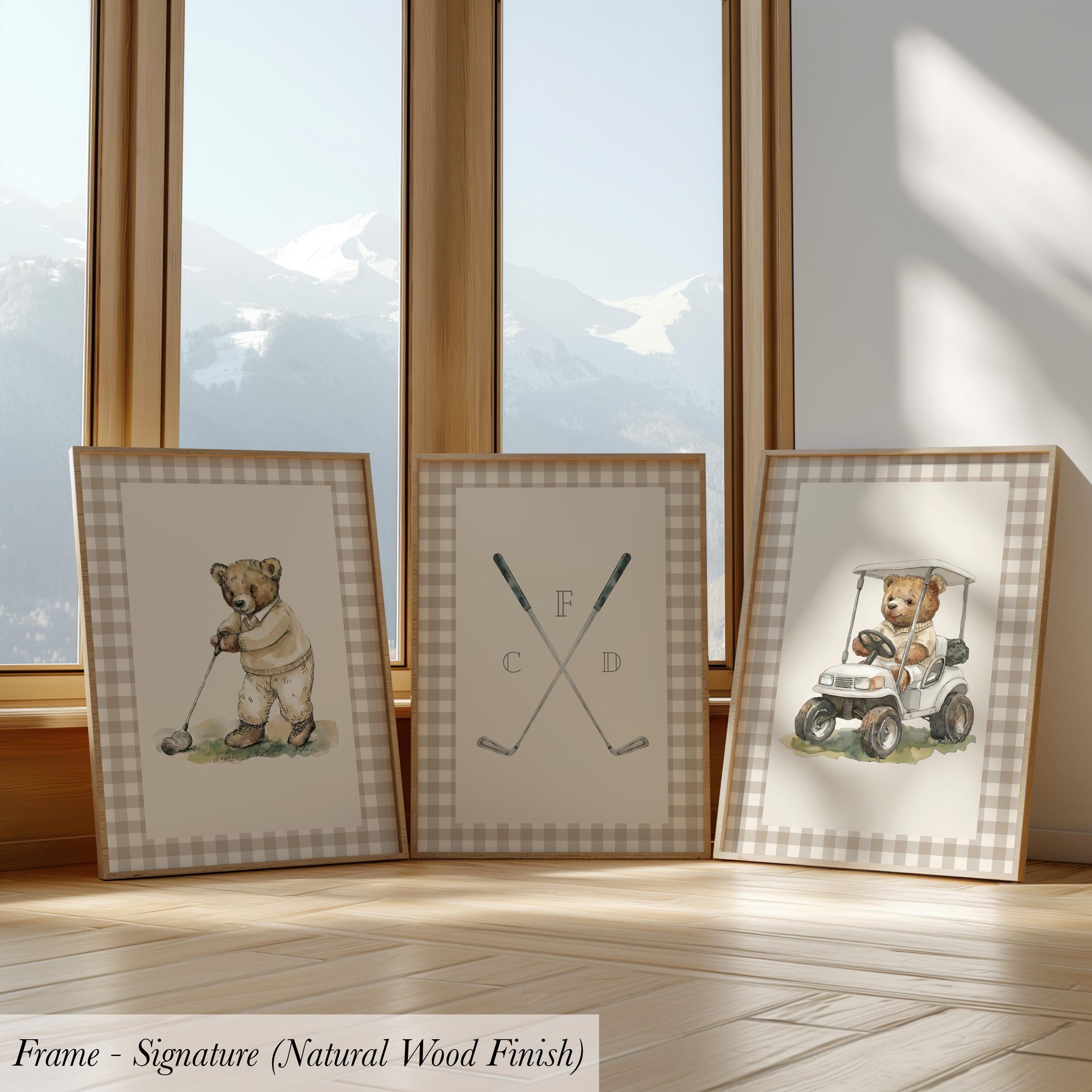 Boy's Golf Nursery Art ∙ Set of 3 Prints Beige Plaid Teddy Bears | 2237